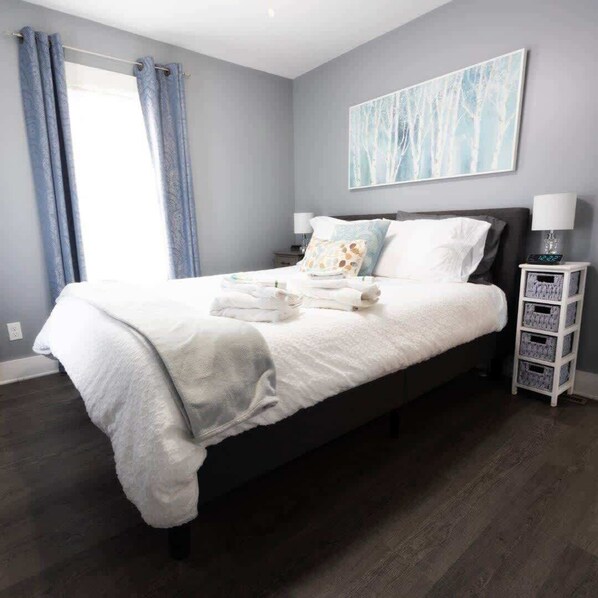 1 bedroom, memory foam beds, desk, iron/ironing board