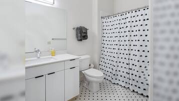 Shower, hair dryer, towels