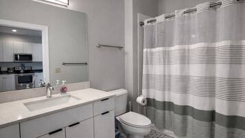Shower, hair dryer, towels