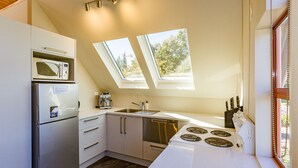 Una cocina compacta equipada con microondas, refrigerador, estufa y lavaplatos. Cuenta con tragaluces que ofrecen luz natural.