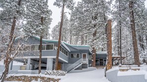 A modern two-story house surrounded by tall pine trees covered in snow. - Tall pines cabin with chimney at "Upper Canyon" (Ruidoso)