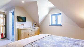 A bedroom with a bed, a TV, a window, and a door.
