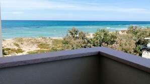 Ein Balkon mit Blick auf den Ozean und die Strandvegetation.