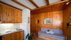 A wooden cabin interior with a kitchenette, a sofa, and a potted plant. - TWO-ROOM RELAX SPA SKI AND TREKKING IN THE ALPS (Santa Caterina)