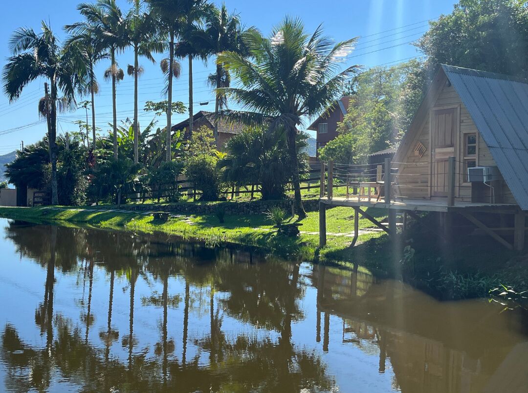 A wooden house with a metal roof, surrounded by palm trees and a calm water body.