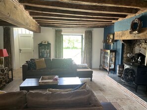 Smart TV, chimenea y libros 