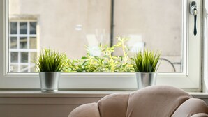 Une pièce avec une fenêtre, un fauteuil beige et deux plantes en pot posées sur le rebord de la fenêtre.