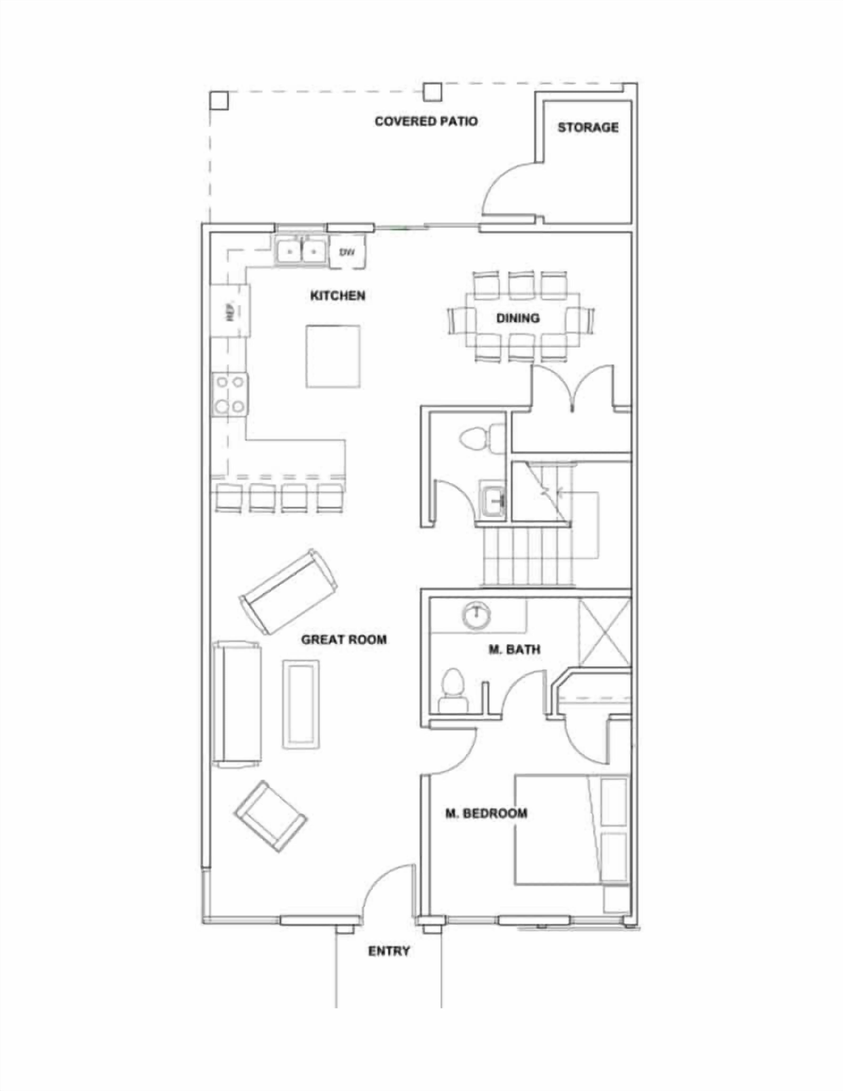 A floor plan of a hotel room with a covered patio, storage, kitchen, dining area, great room, master bathroom, master bedroom, and entryway.
