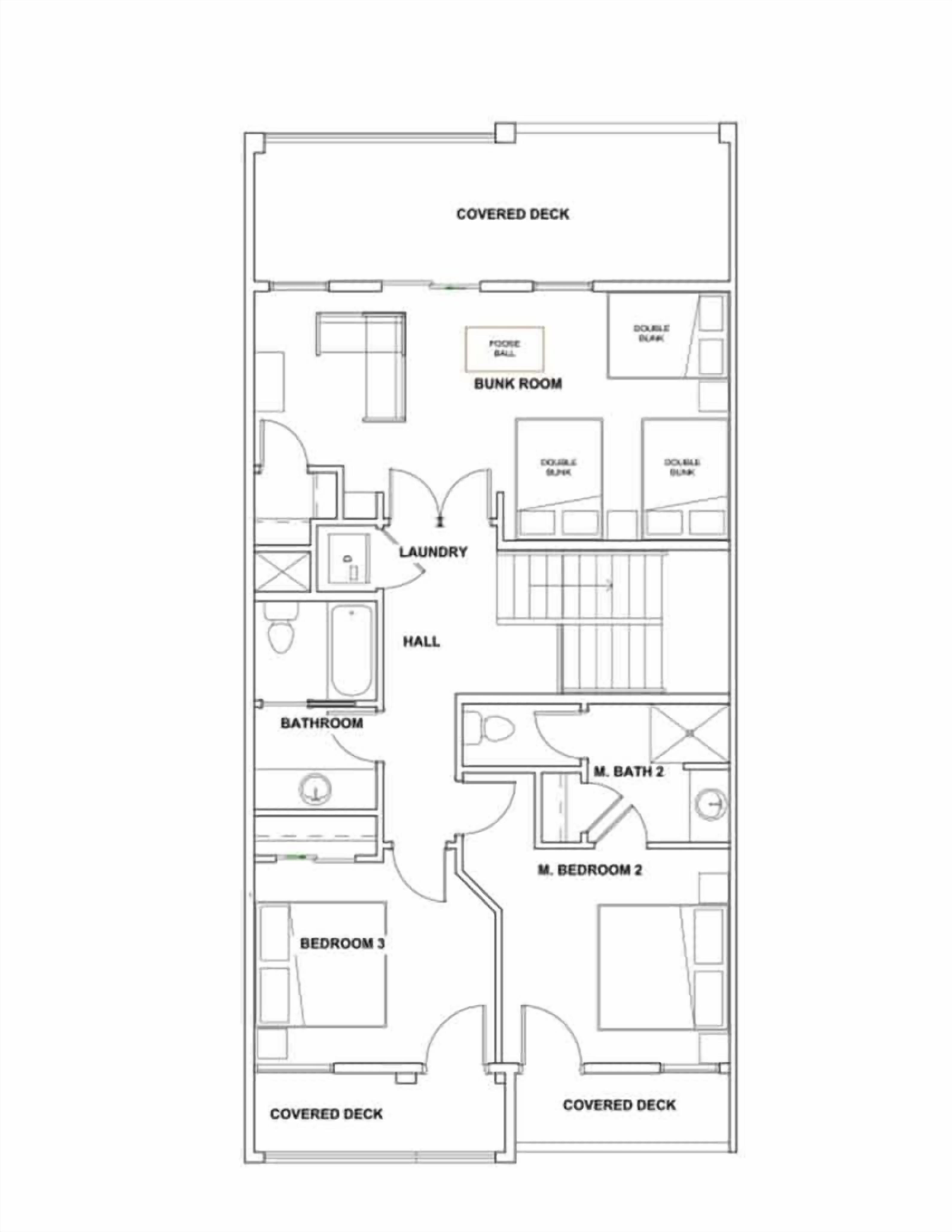 Plan d’étage d’une terrasse couverte comprenant une chambre avec lits superposés, une buanderie, un couloir, une salle de bain et deux chambres principales.