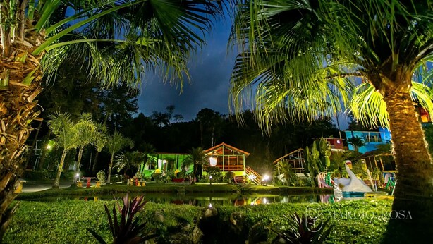 A well-lit outdoor area with a pond, palm trees, and a building with a red roof. - Pousada Suarez (Itatiaia)