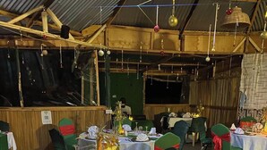 Ein Festsaal mit festlich gedeckten Tischen, ausgestattet mit grünen und weißen Tischdecken, goldgefassten Tellern und dekorativen Tischarrangements.