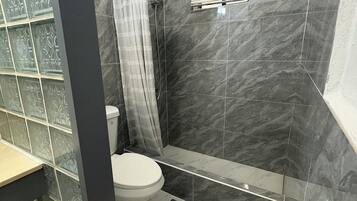 Combined shower/tub, hair dryer, towels, soap