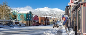 A snow-covered street with buildings, a mountain in the background, and a flag.