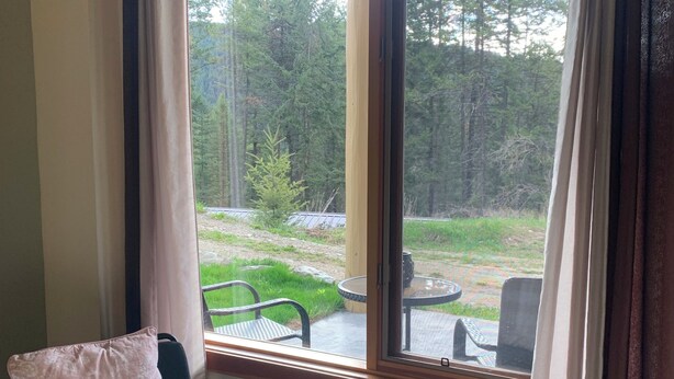 A room with a large window, a chair with a floral cushion, and a view of a grassy area with trees. - Pet Friendly Private Suite in the Mountains (Kelowna)