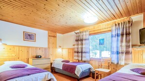 A cozy room with two beds, wooden walls, a small desk, and a television.