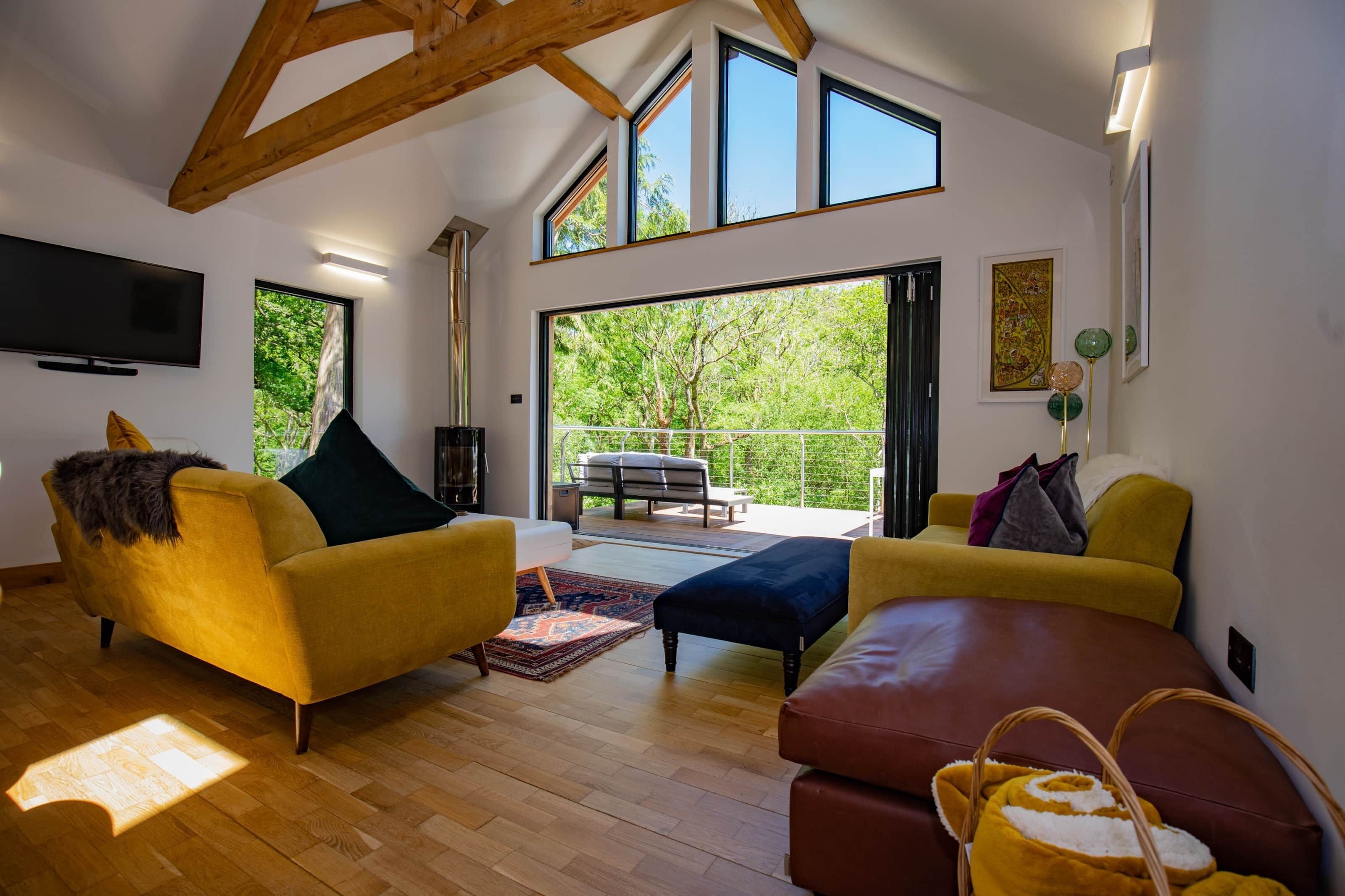 Smart TV, fireplace, books, video library