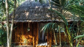 A thatched-roof hut with a wooden porch, surrounded by tropical vegetation. - Eco.Bañitas (Tulum)