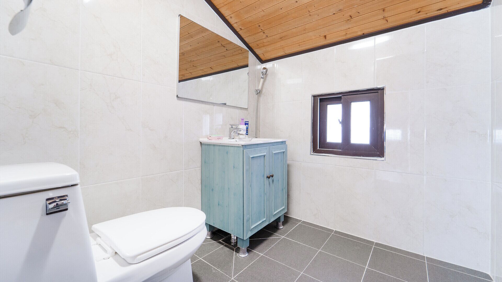 A bathroom with a toilet, a sink, and a shower.