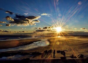 On the beach, sun-loungers, beach towels