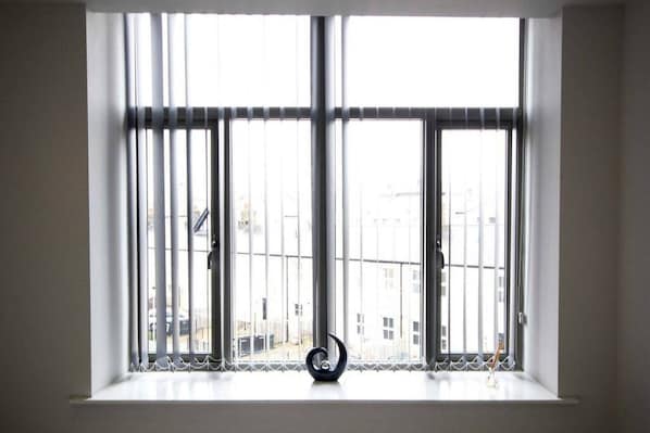 Enjoy a view of the outside from the large window with a central divider.