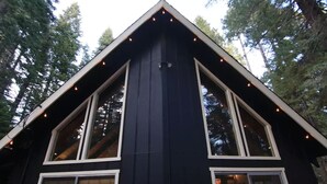 Une cabane de couleur sombre, dotée d’un toit à forte pente et de nombreuses grandes fenêtres.
