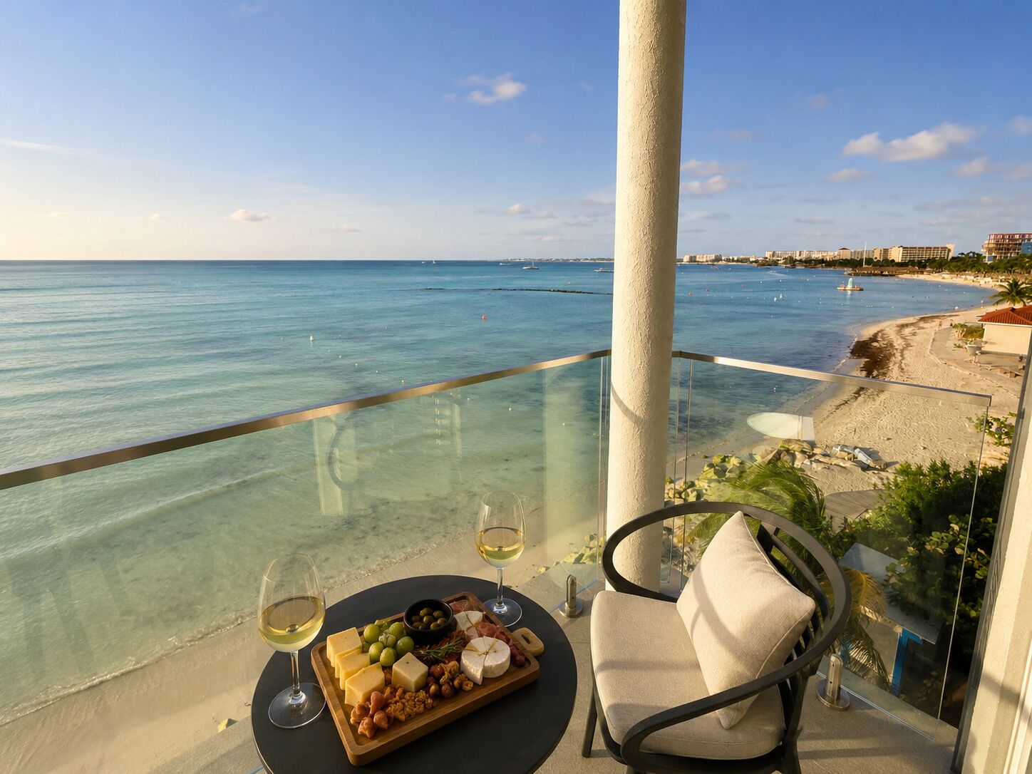 A balcony with a clear view of the sea, a table with cheese and nuts, and two glasses of wine.