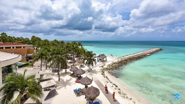 A beach resort with a sandy shoreline, palm trees, and a thatched-roof structure.
