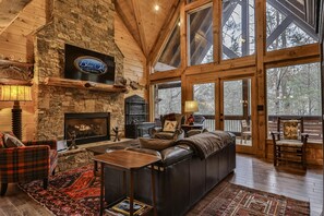 Flat-screen TV, fireplace, DVD player