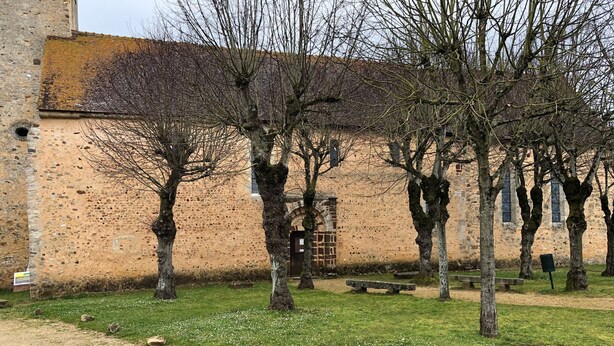Un patio con muro de piedra, árboles, un banco y un buzón.