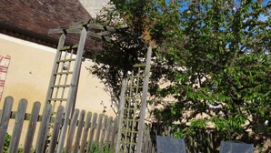 Un edificio con cerca de madera, portón metálico y un árbol de hojas verdes.