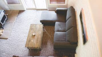 TV, fireplace, books