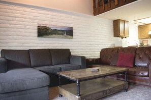 TV, fireplace, books