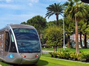 A modern, single-deck bus with 'PONT AUCHEL' on the windshield, parked on a grassy area with palm trees and a clear sky in the background. - New! N&J - LOU NISSART - Heart of the Old Town (Nice)