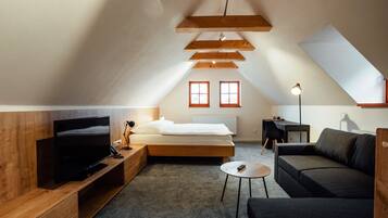 A modern loft bedroom with a large bed, a TV, and a cozy seating area.