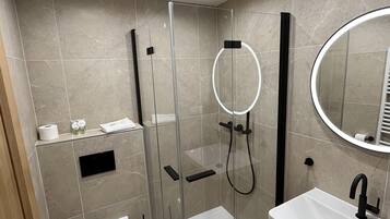 A modern bathroom with a glass-enclosed shower, a toilet, a sink, and a mirror.