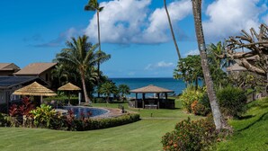 Ein Resort mit Pool, Palmen und Blick auf den Ozean.