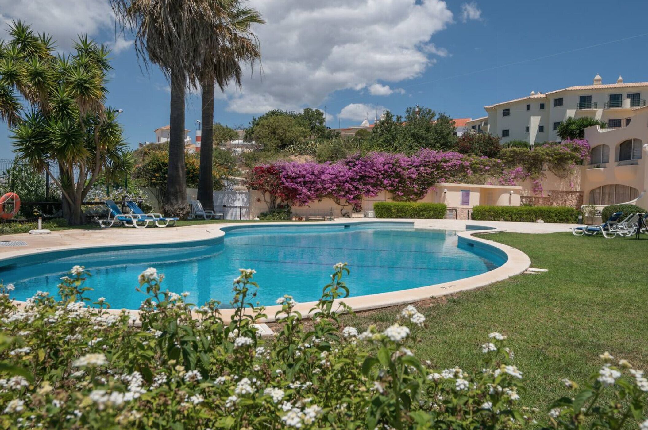 Une piscine entourée de palmiers et de fleurs violettes, avec un bâtiment en arrière-plan.