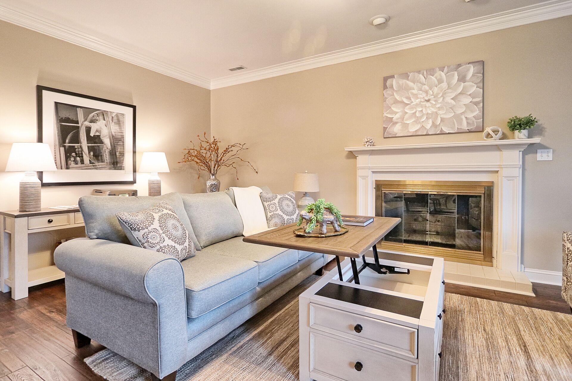 A living room with a sofa, a coffee table, a fireplace, and a framed picture on the wall.