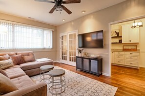 Smart TV, fireplace, books