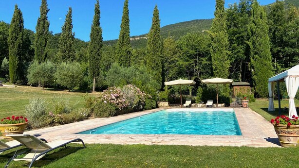 A rectangular swimming pool with a stone border, surrounded by a well-maintained lawn and various plants. There are lounge chairs and umbrellas near the pool, and tall trees in the background. - Villa La Felce, a typical Tuscan farmhouse surrounded by nature (Cetona)