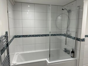 Bathtub, hair dryer, towels, toilet paper