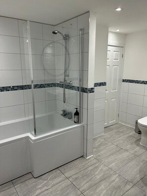 Bathtub, hair dryer, towels, toilet paper