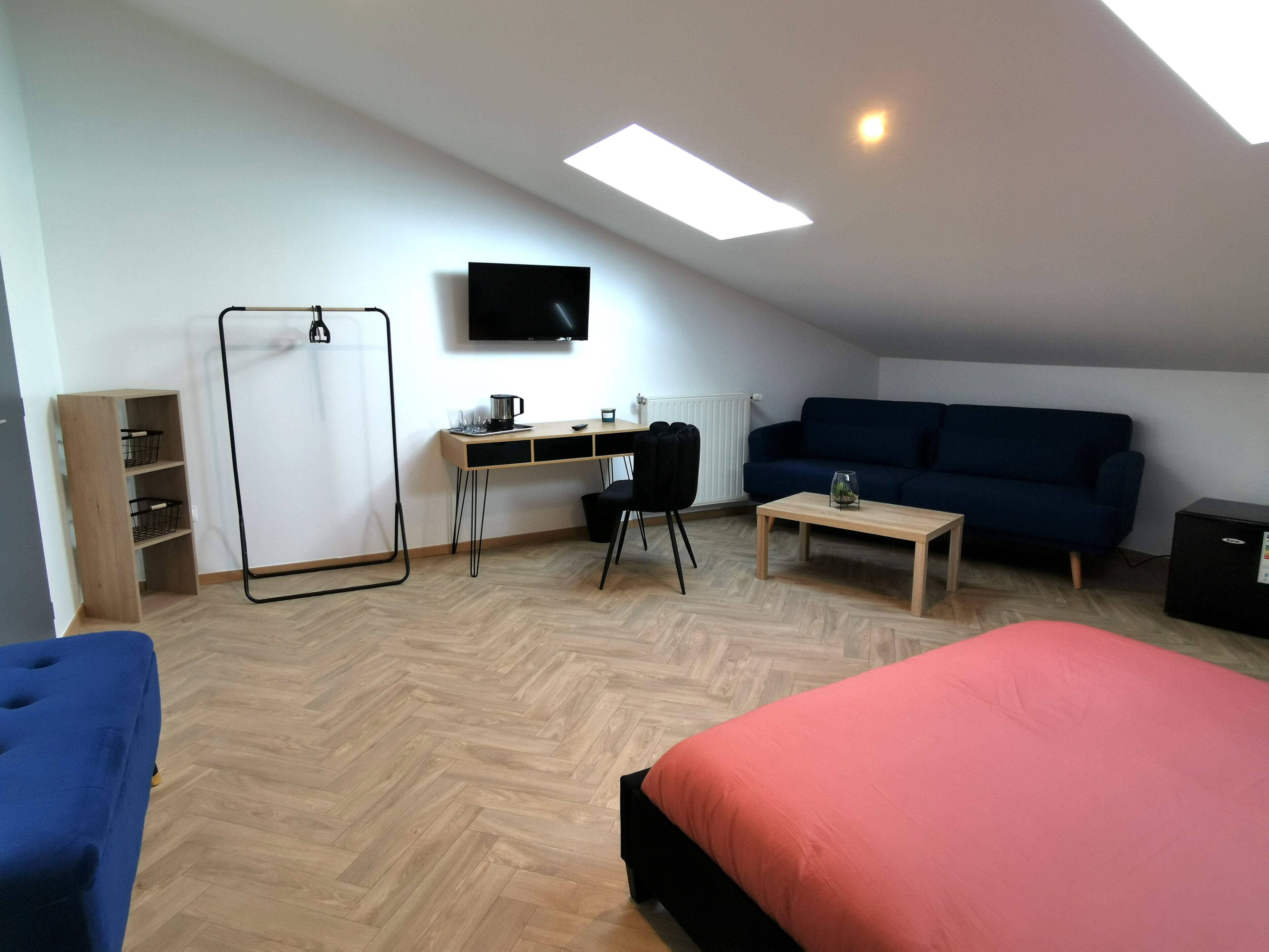 Una habitación moderna y bien iluminada con una cama estilo altillo, un escritorio con computadora, un televisor y un sofá.