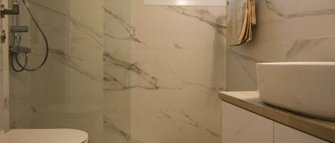A modern bathroom with a glass-enclosed shower, a large sink, and a toilet.