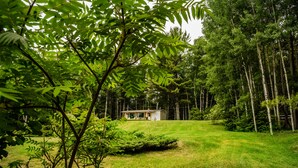 Una casita rodeada de un paisaje verde exuberante, con árboles altos y un césped cuidado.