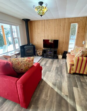 Smart TV, fireplace, DVD player, stereo