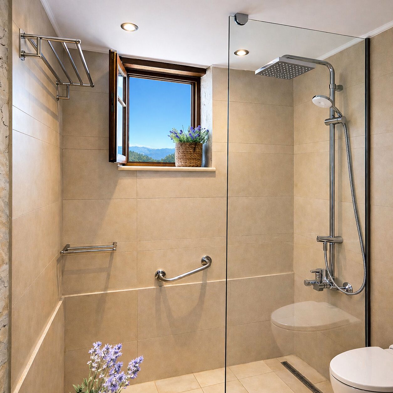 Un baño moderno con cabina de ducha de vidrio, una ventana con vistas y un inodoro.