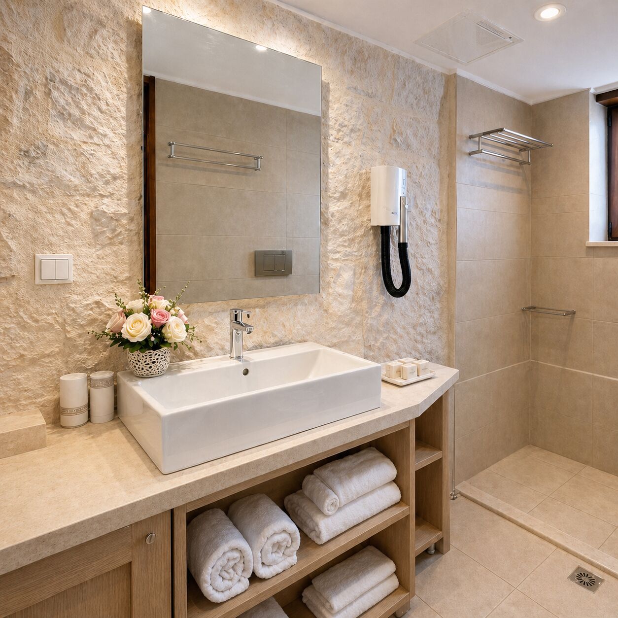 A modern bathroom with a large sink, a mirror, a shower, and a towel rack.