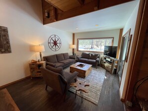 Smart TV, fireplace, DVD player, books