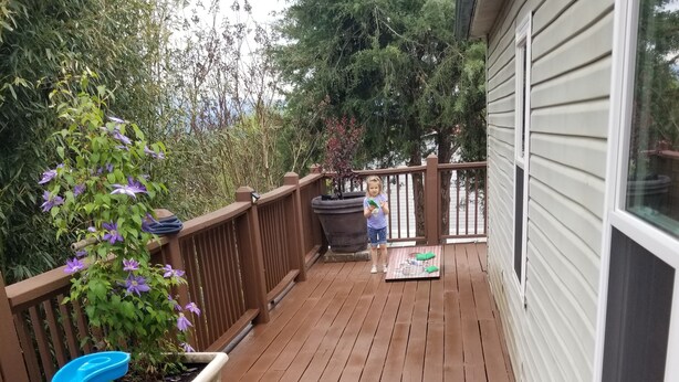 Una terraza de madera con una mesa de juegos acuática azul y verde, una mesa de picnic de madera con cojines azules y una maceta con flores moradas.